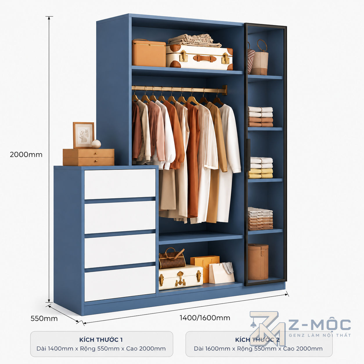 Kích thước chi tiết Tủ Quần Áo Khoang Mở Kết Hợp Cánh Kính Màu Xanh Trắng ZM-10013