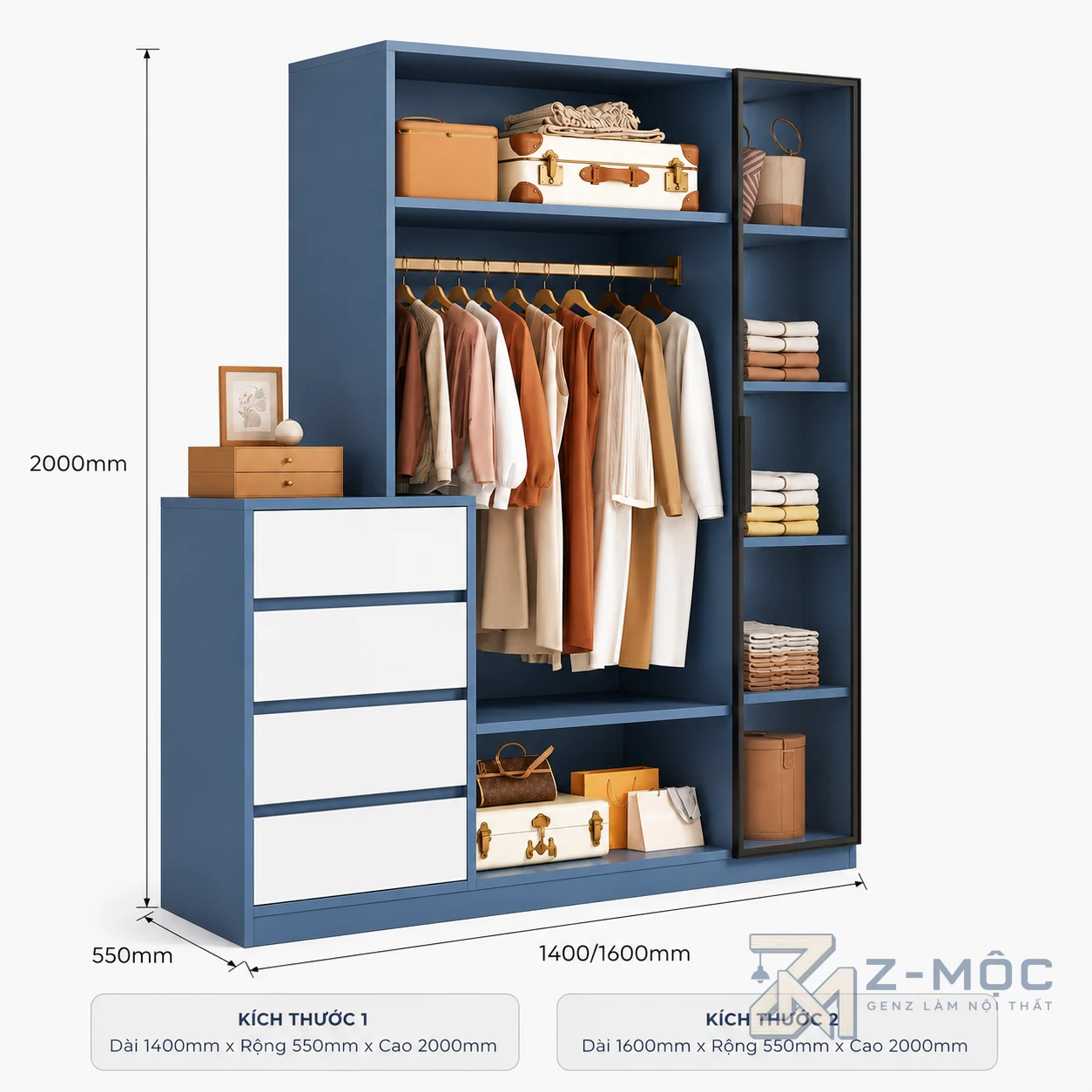 Kích thước chi tiết Tủ Quần Áo Khoang Mở Kết Hợp Cánh Kính Màu Xanh Trắng ZM-10013