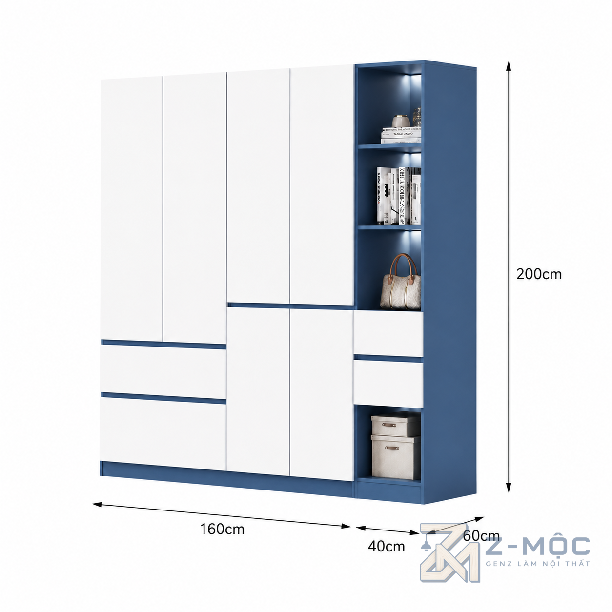 Kích thước chi tiết Tủ Quần Áo Màu Trắng Xanh Có Kệ Trang Trí ZM-10004 2