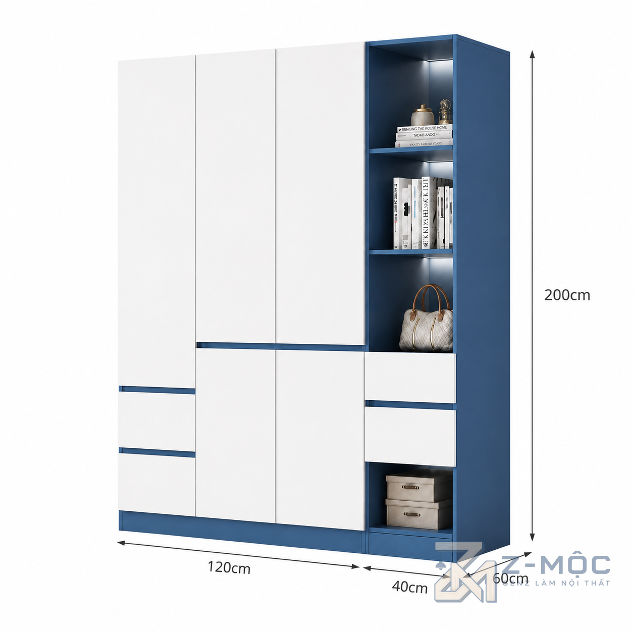 Kích thước chi tiết Tủ Quần Áo Màu Trắng Xanh Có Kệ Trang Trí ZM-10004