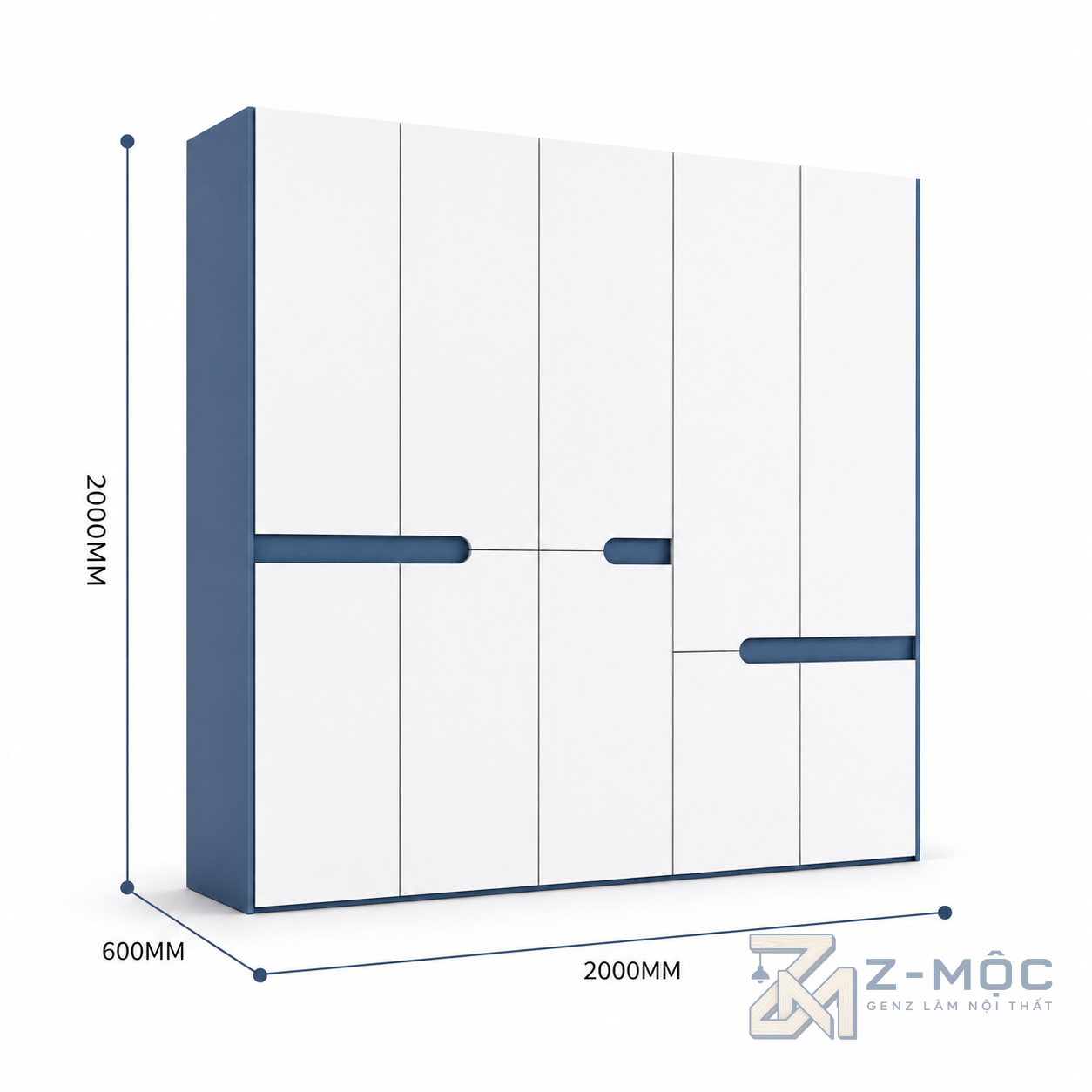 Kích thước chi tiết Tủ Quần Áo Tay Móc Âm Màu Trắng Xanh Gỗ MDF ZM-10008