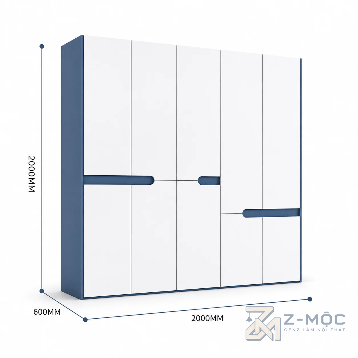 Kích thước chi tiết Tủ Quần Áo Tay Móc Âm Màu Trắng Xanh Gỗ MDF ZM-10008