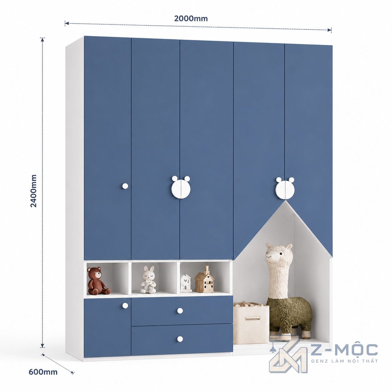 Kích thước chi tiết Tủ Quần Áo Trẻ Em Màu Xanh Tay Nắm Hình Gấu ZM-10021 2