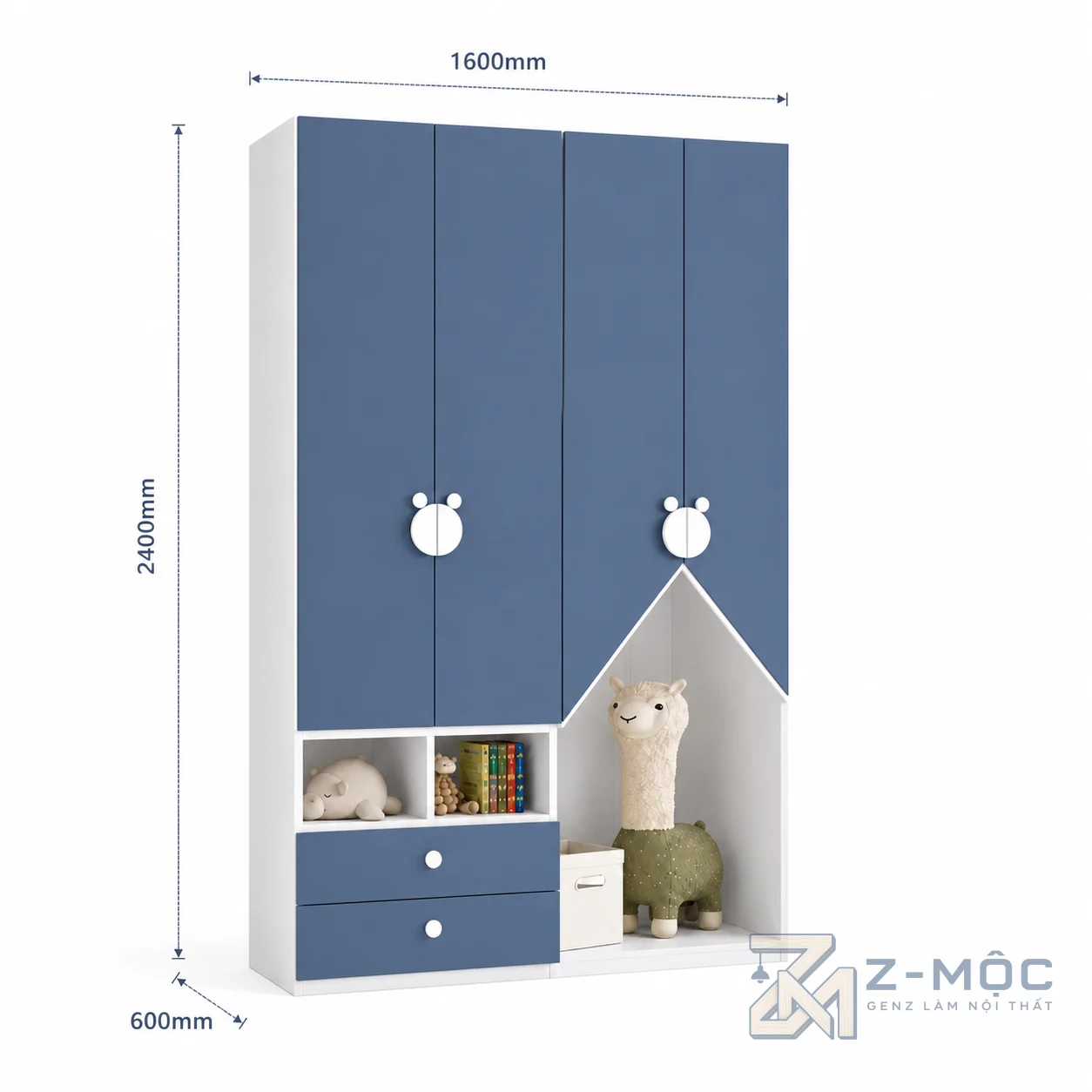 Kích thước chi tiết Tủ Quần Áo Trẻ Em Màu Xanh Tay Nắm Hình Gấu ZM-10021