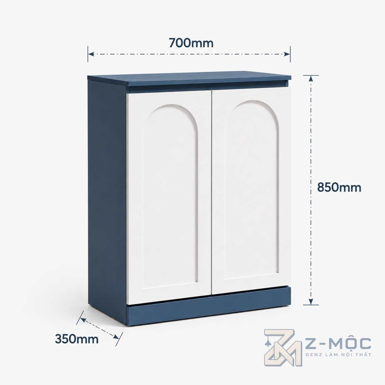 Kích thước chi tiết Tủ Trang Trí 2 Cánh Gỗ Công Nghiệp Phối Màu Xanh Trắng ZM-94005