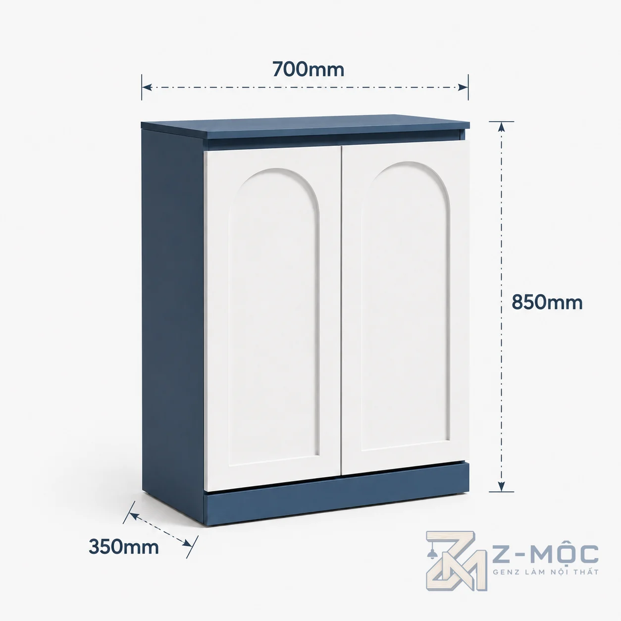 Kích thước chi tiết Tủ Trang Trí 2 Cánh Gỗ Công Nghiệp Phối Màu Xanh Trắng ZM-94005