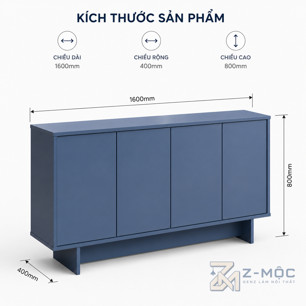 Kích thước chi tiết Tủ Trang Trí 4 Cánh Mở Màu Xanh Hiện Đại ZM-94009