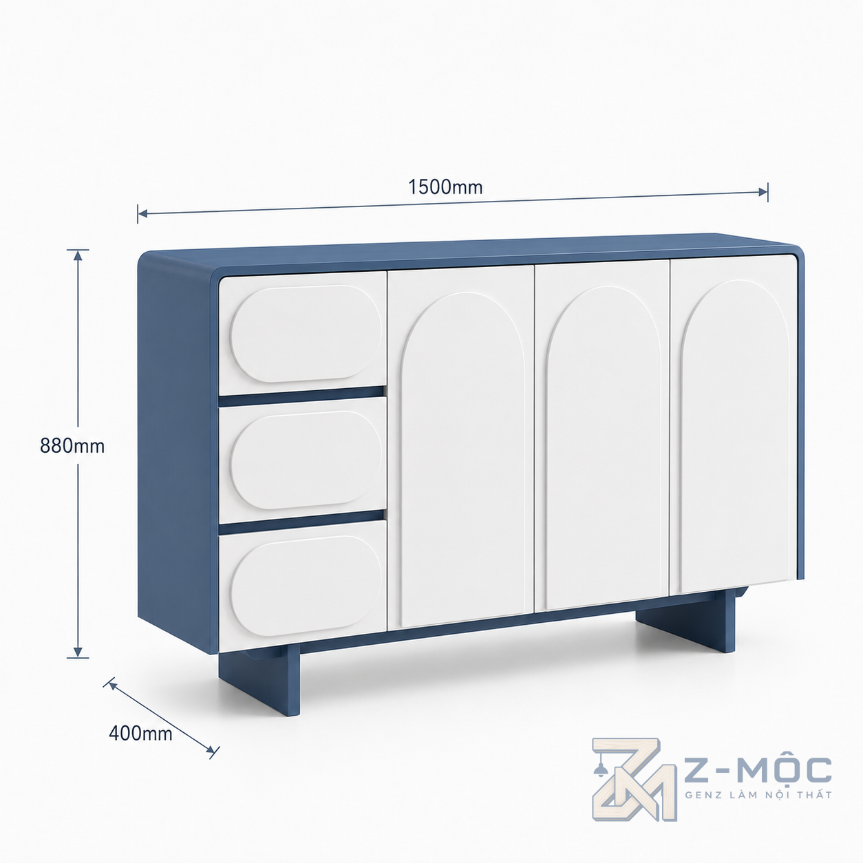 Kích thước chi tiết Tủ Trang Trí Cánh Sơn Phối Màu Xanh Trắng ZM-94006