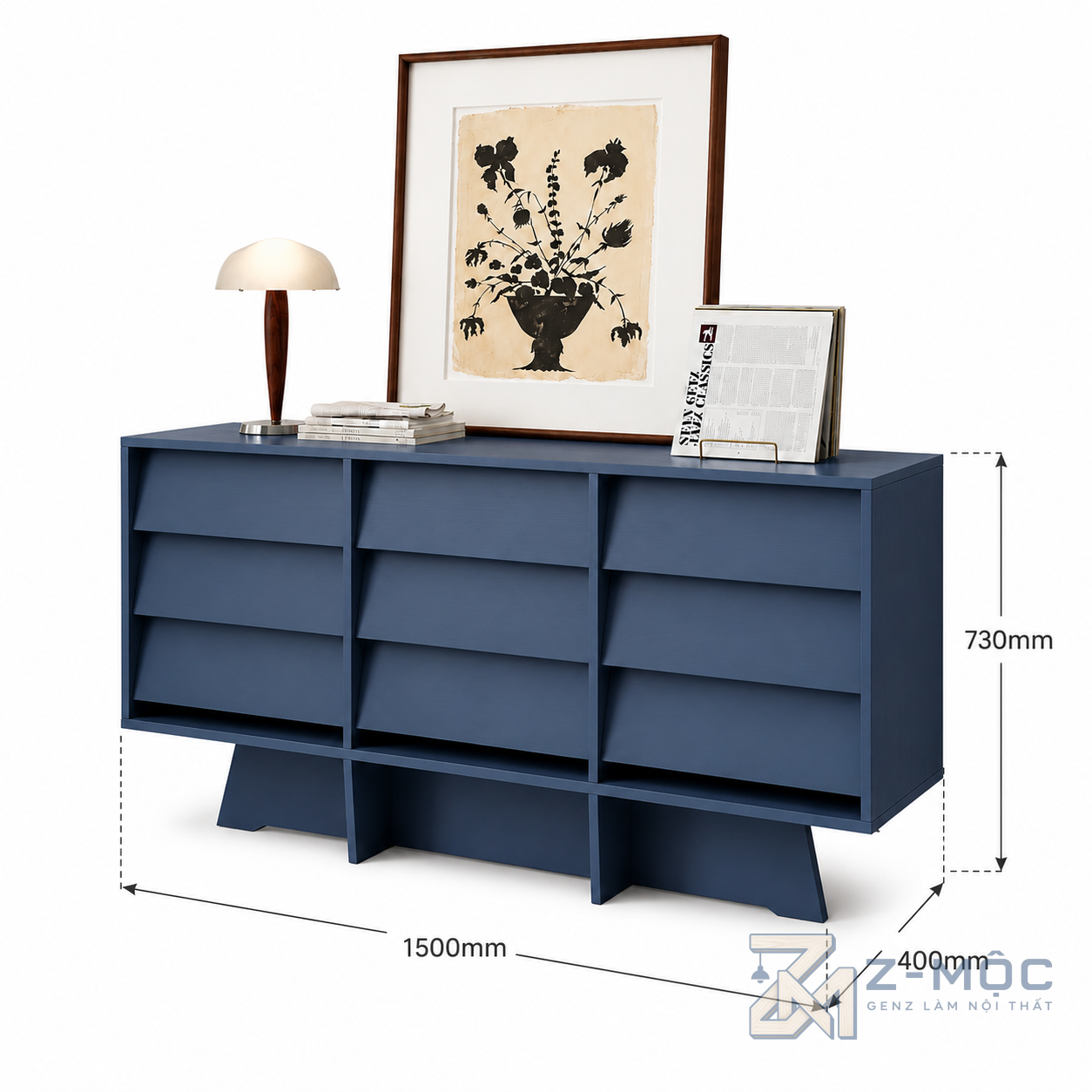 Kích thước chi tiết Tủ Trang Trí Màu Xanh Mặt Ngăn Kéo Vát Nghiêng ZM-94003