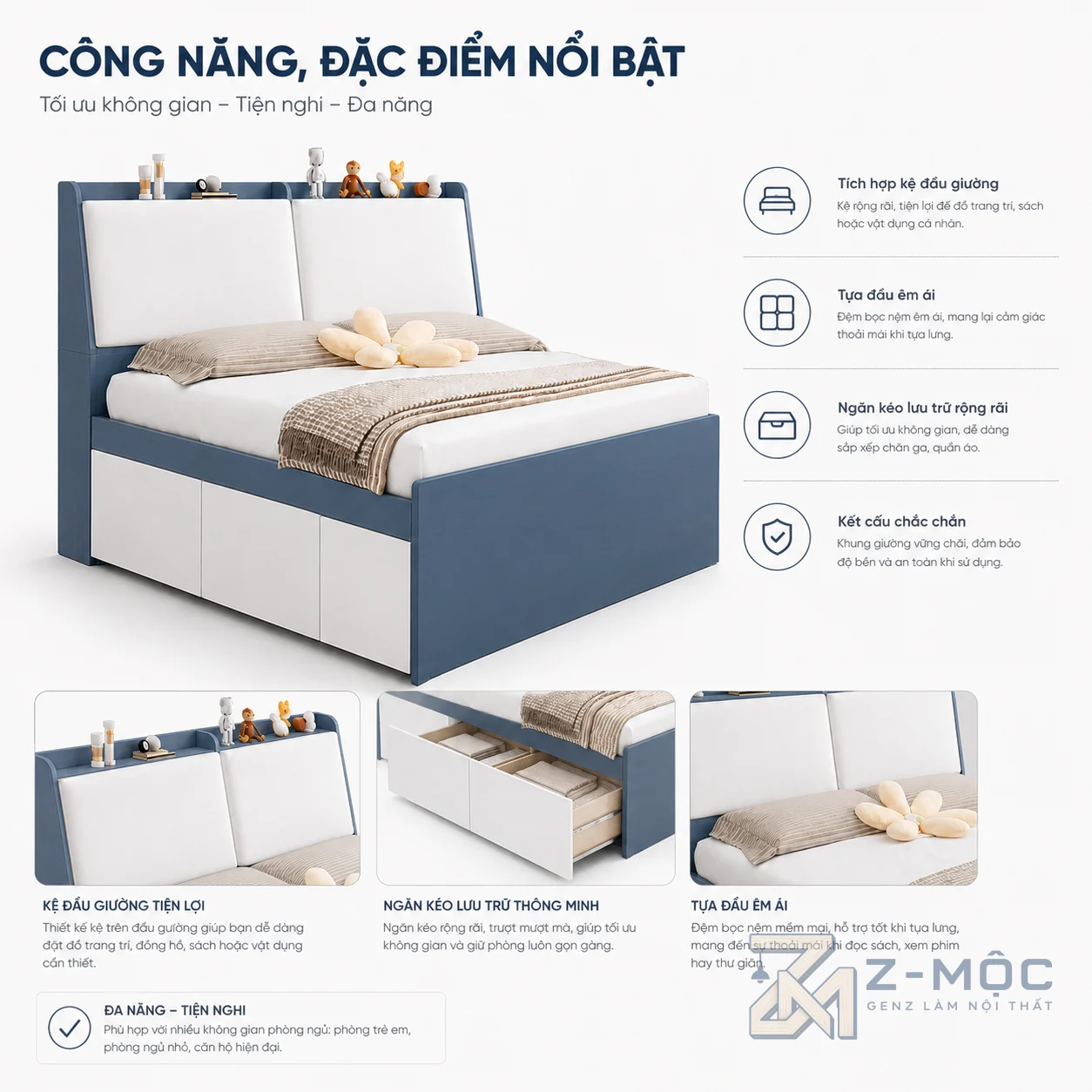 Ngăn kéo lưu trữ rộng rãi giúp tối ưu diện tích phòng ngủ