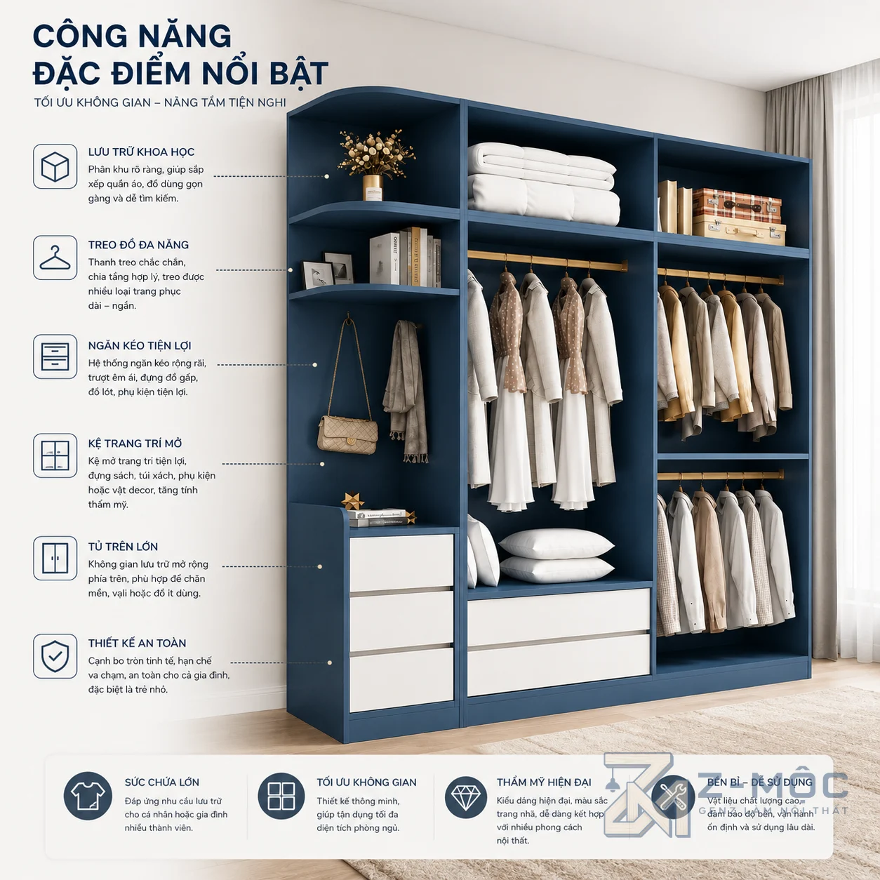 Nhiều khu vực lưu trữ giúp sắp xếp ngăn nắp