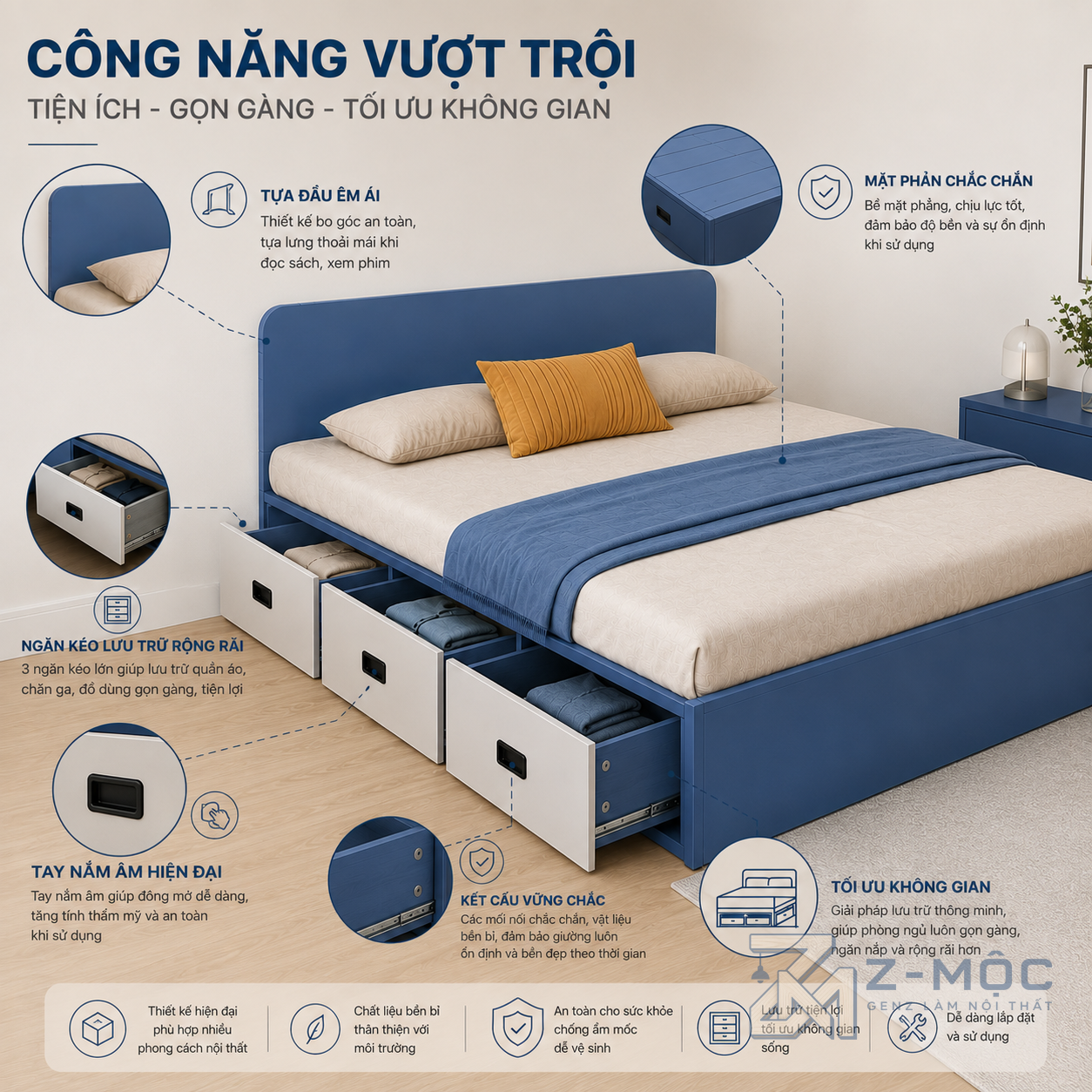 Nhiều ngăn kéo lưu trữ giúp tối ưu diện tích