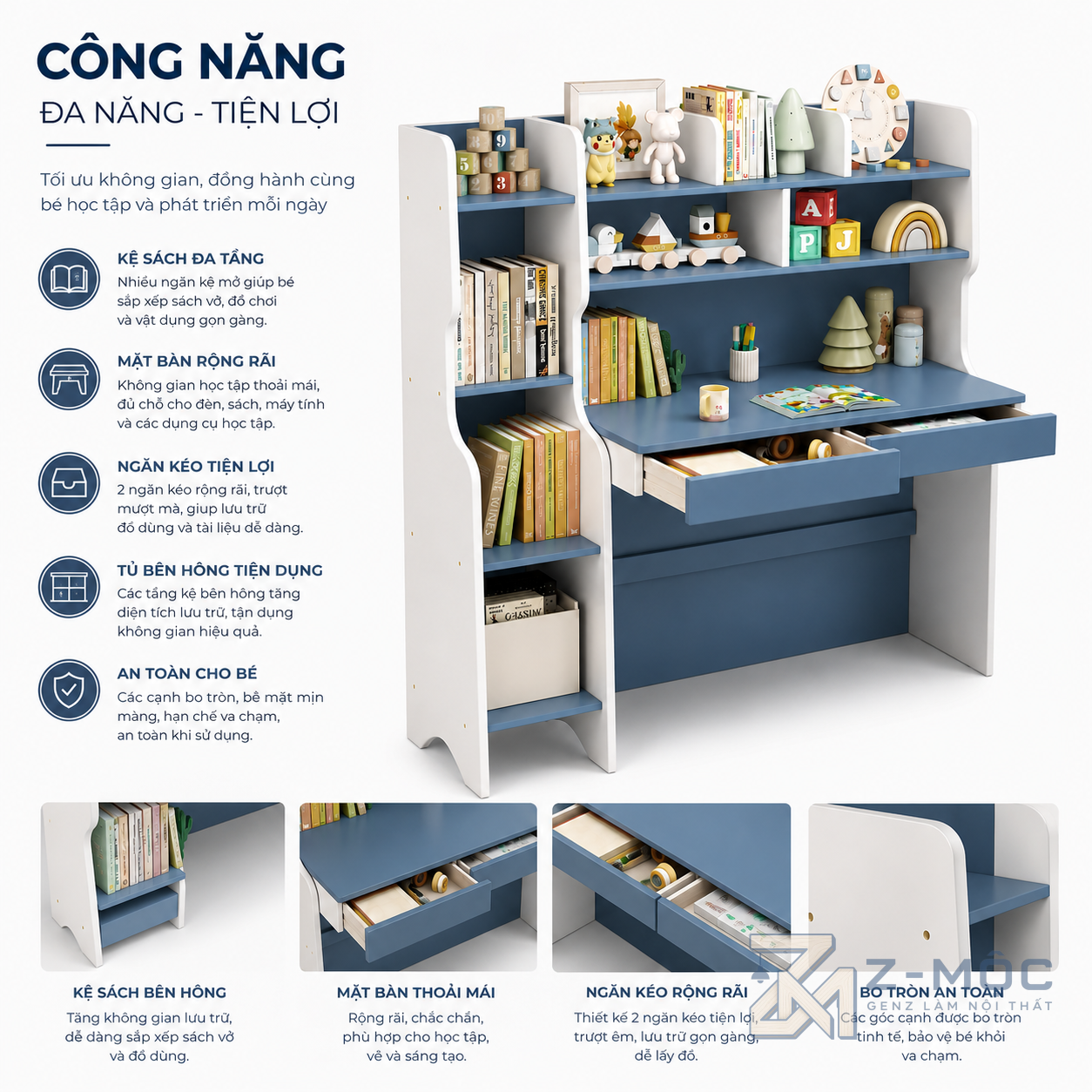 Nhiều ngăn lưu trữ giúp bé rèn thói quen ngăn nắp
