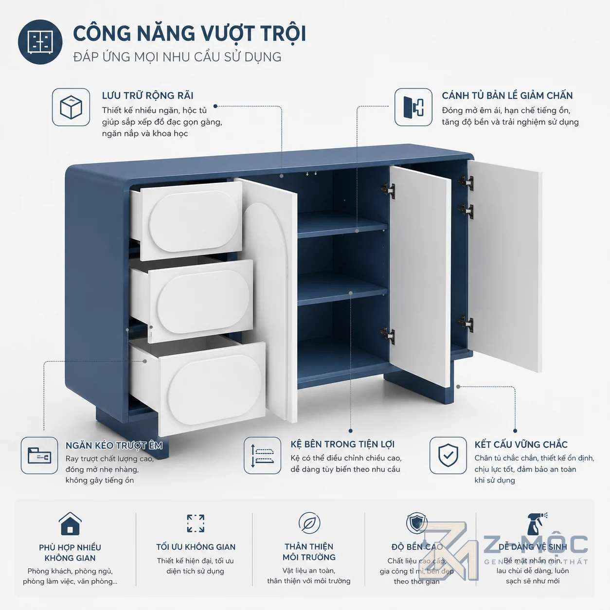 Nhiều ngăn lưu trữ giúp sắp xếp gọn gàng