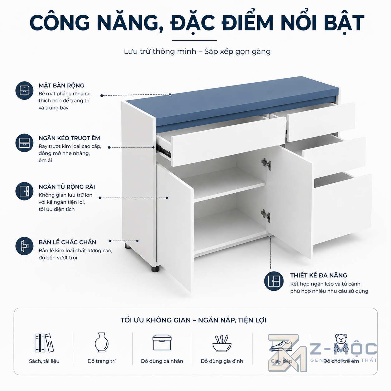Nhiều ngăn lưu trữ, sắp xếp đồ dùng khoa học