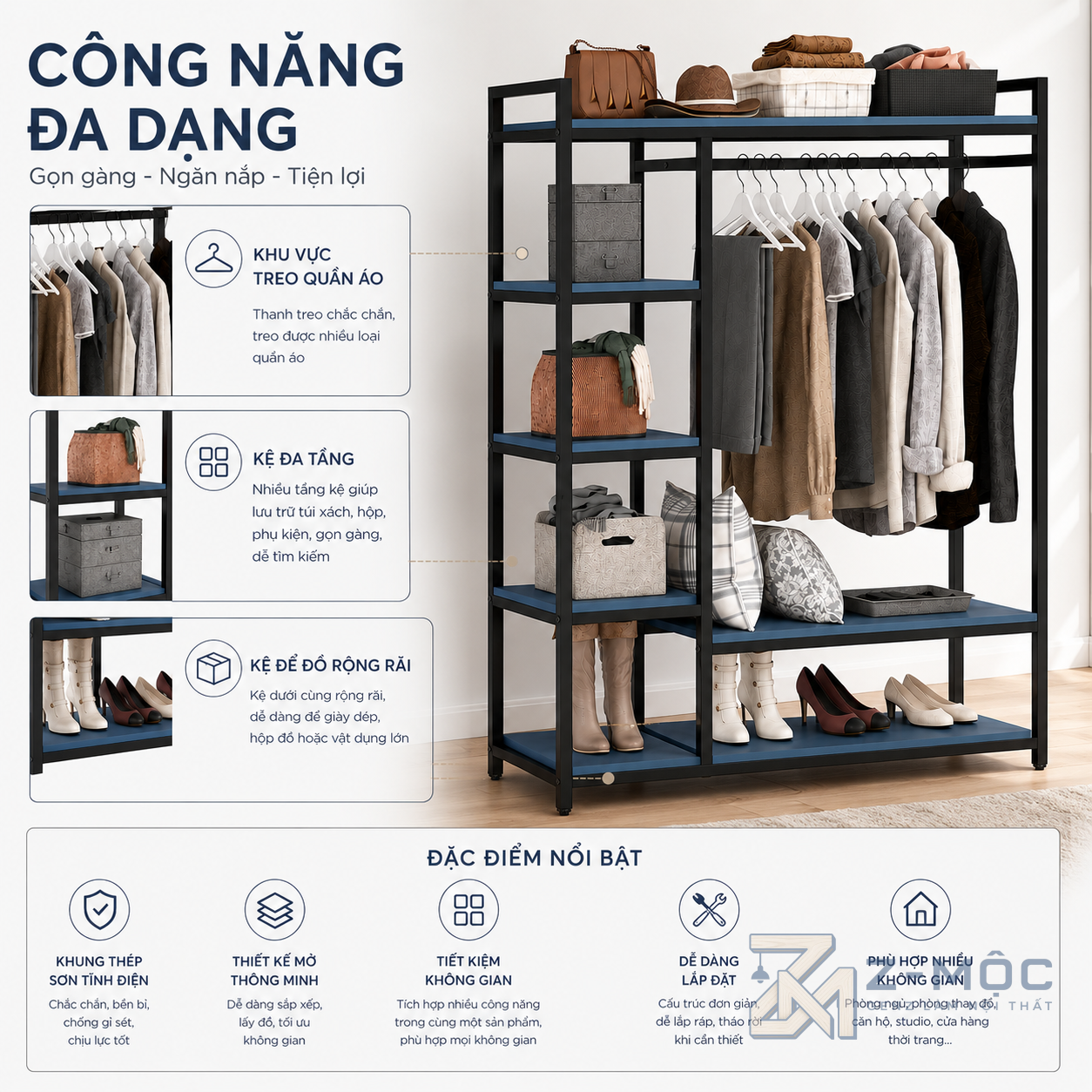Tăng không gian lưu trữ với nhiều tầng kệ tiện lợi