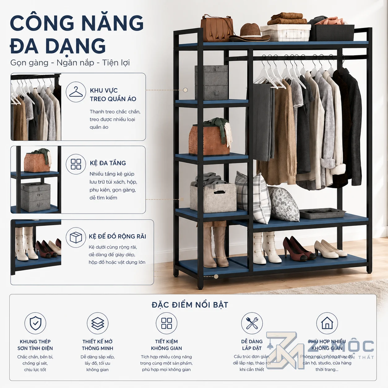 Tăng không gian lưu trữ với nhiều tầng kệ tiện lợi