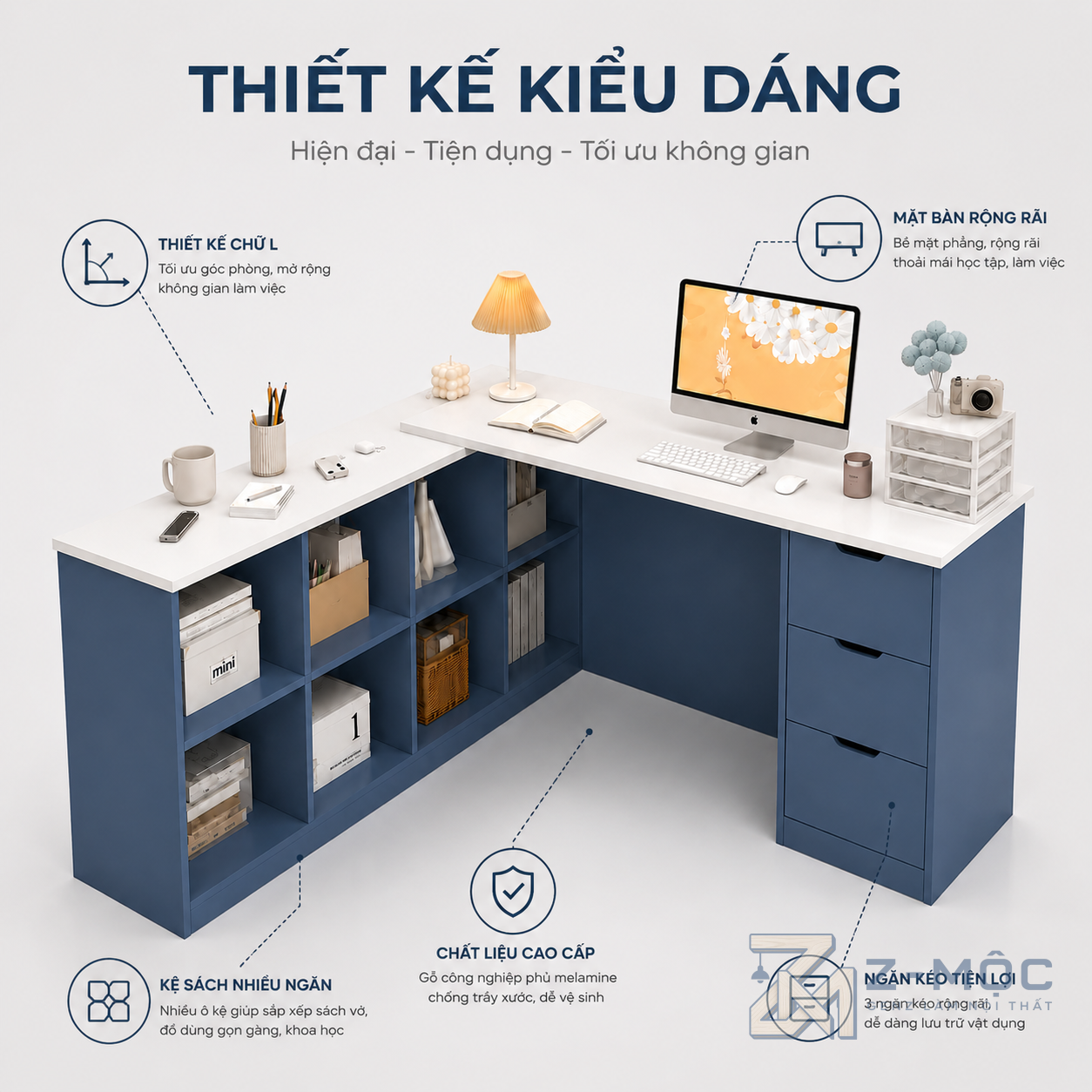 Thiết kế chữ L mở rộng không gian học tập và làm việc