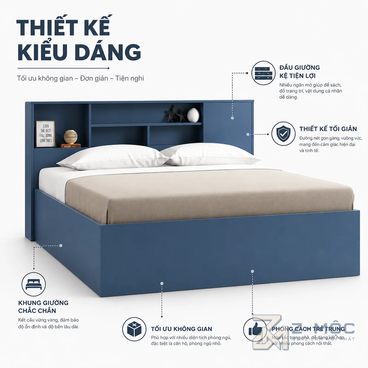 Thiết kế gọn gàng với đầu giường tích hợp kệ