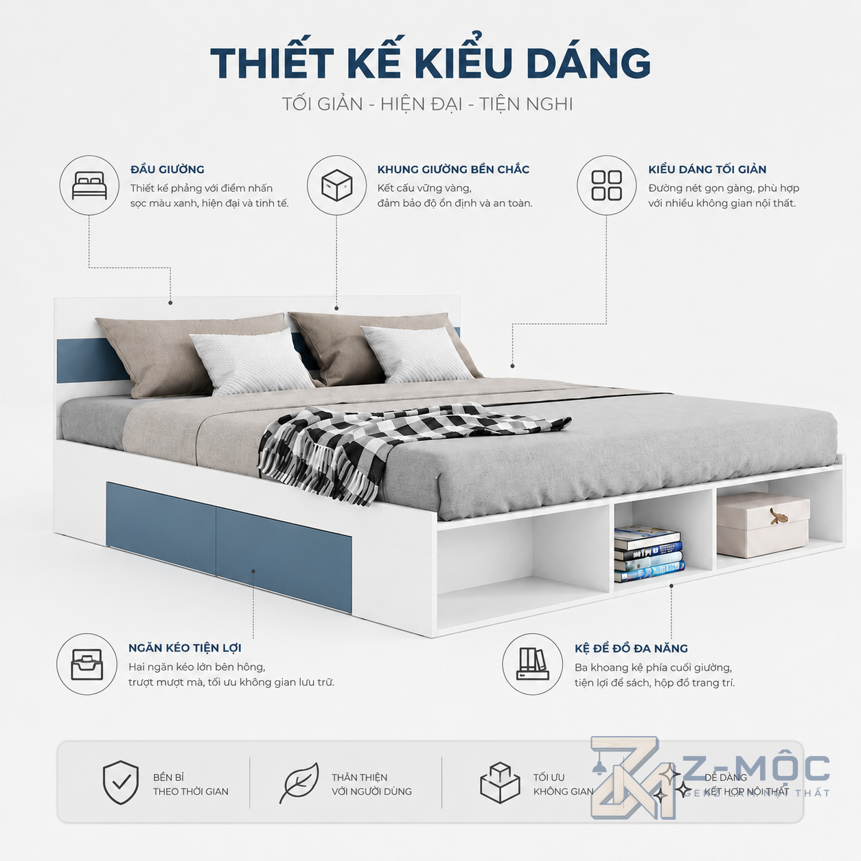Thiết kế hiện đại với hệ kệ cuối giường tiện lợi