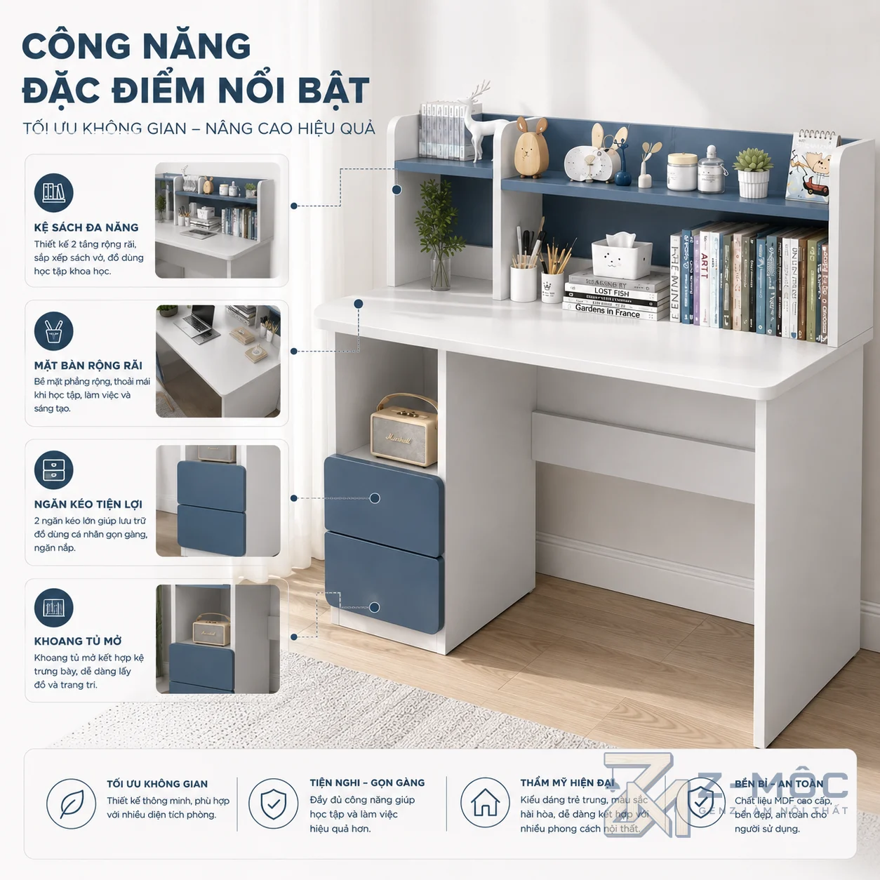 Tích hợp kệ sách và hộc tủ giúp lưu trữ khoa học