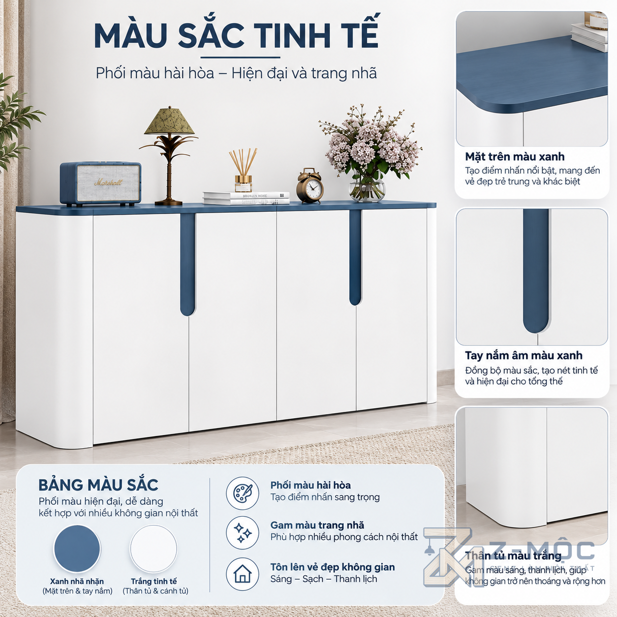 Tủ Để Đồ Phòng Khách Màu Trắng Xanh Cánh Phẳng ZM-94007 - ảnh chi tiết 4