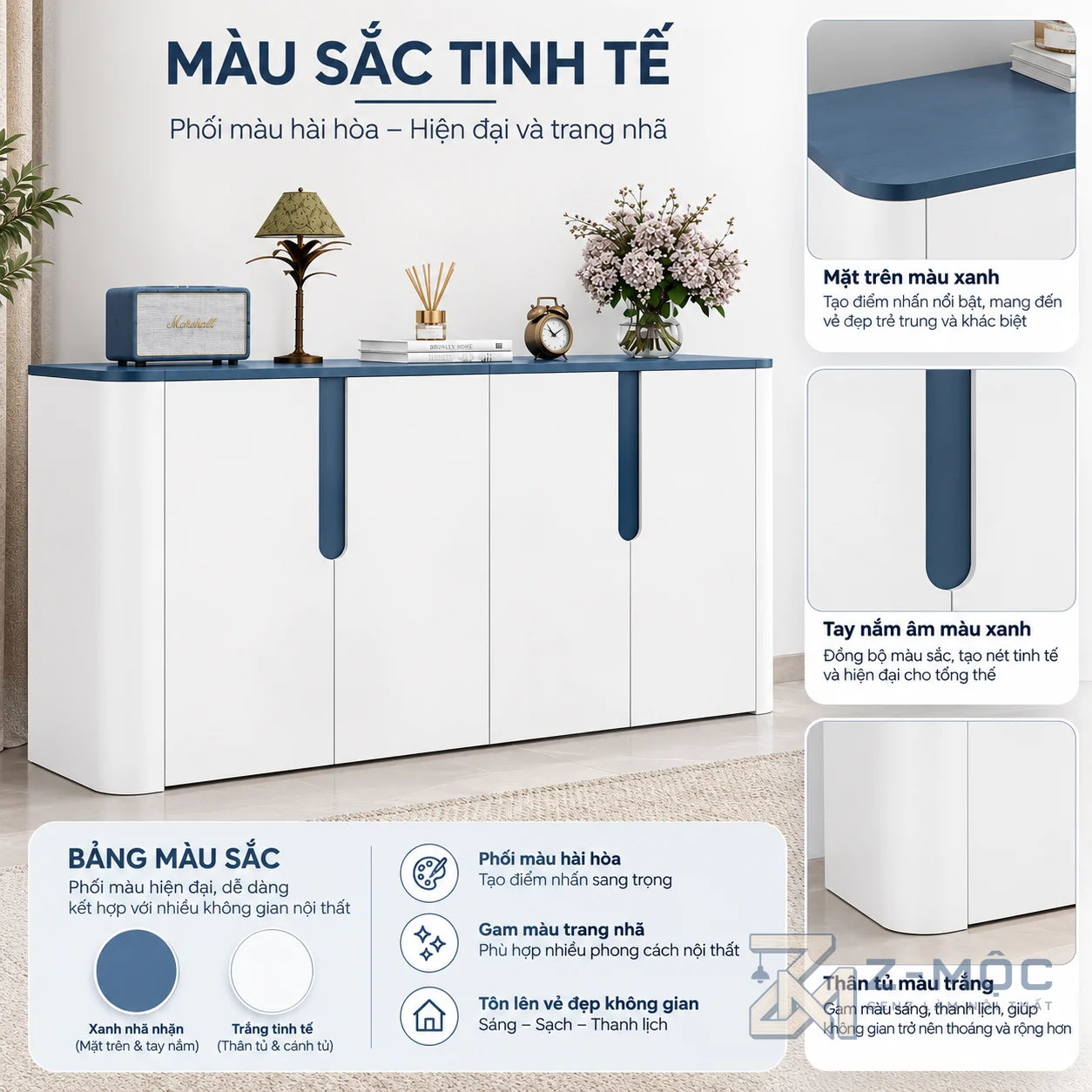 Tủ Để Đồ Phòng Khách Màu Trắng Xanh Cánh Phẳng ZM-94007 - ảnh chi tiết 4