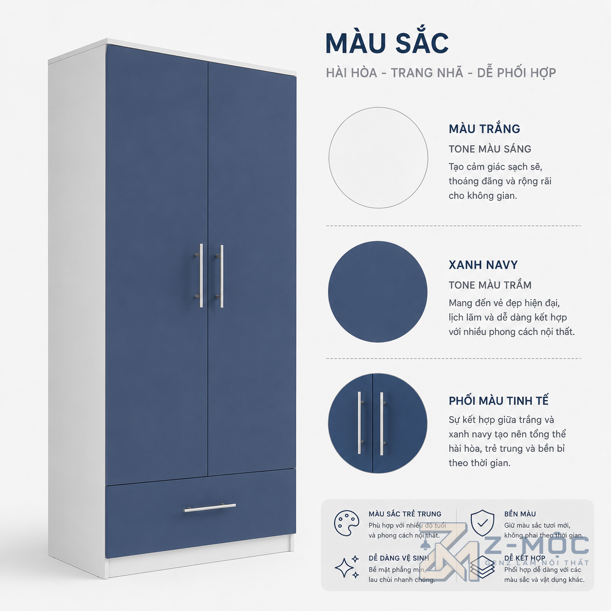 Tủ Quần Áo 2 Cánh Màu Xanh Có Ngăn Kéo ZM-10010 - ảnh chi tiết 5