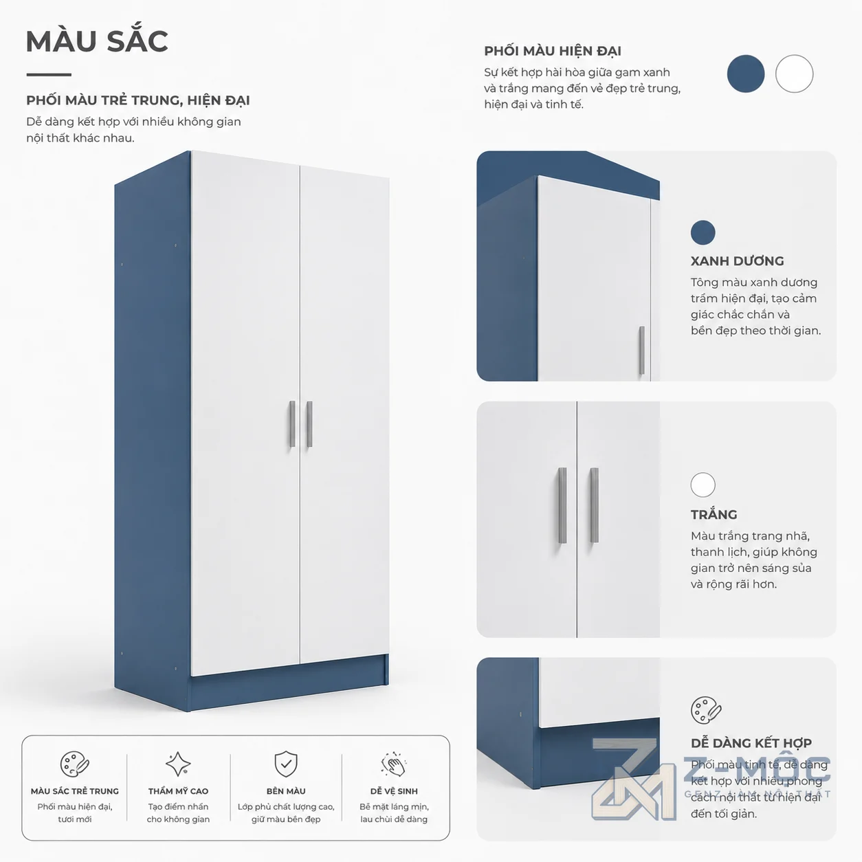 Tủ Quần Áo 2 Cánh Trắng Xanh Gọn Gàng Cho Phòng Ngủ ZM-10009 - ảnh chi tiết 5