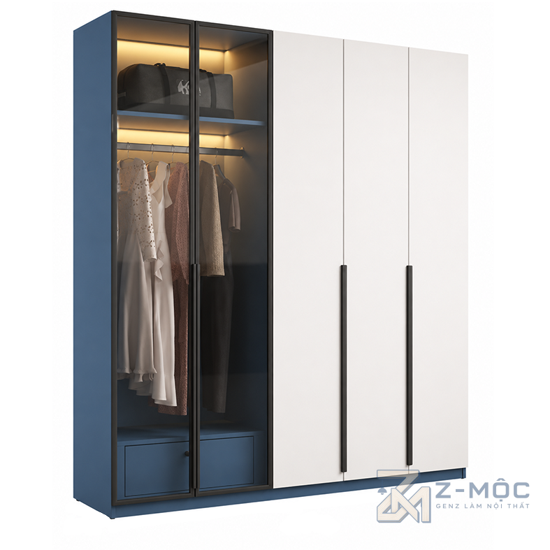 Tủ Quần Áo Cánh Kính Khung Nhôm Phối Cánh Trắng ZM-10012 - 2000x600x2000mm - ZM-10012.2