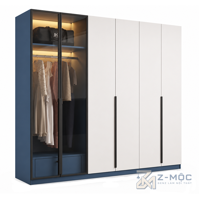 Tủ Quần Áo Cánh Kính Khung Nhôm Phối Cánh Trắng ZM-10012 - 2400x600x2000mm - ZM-10012.3