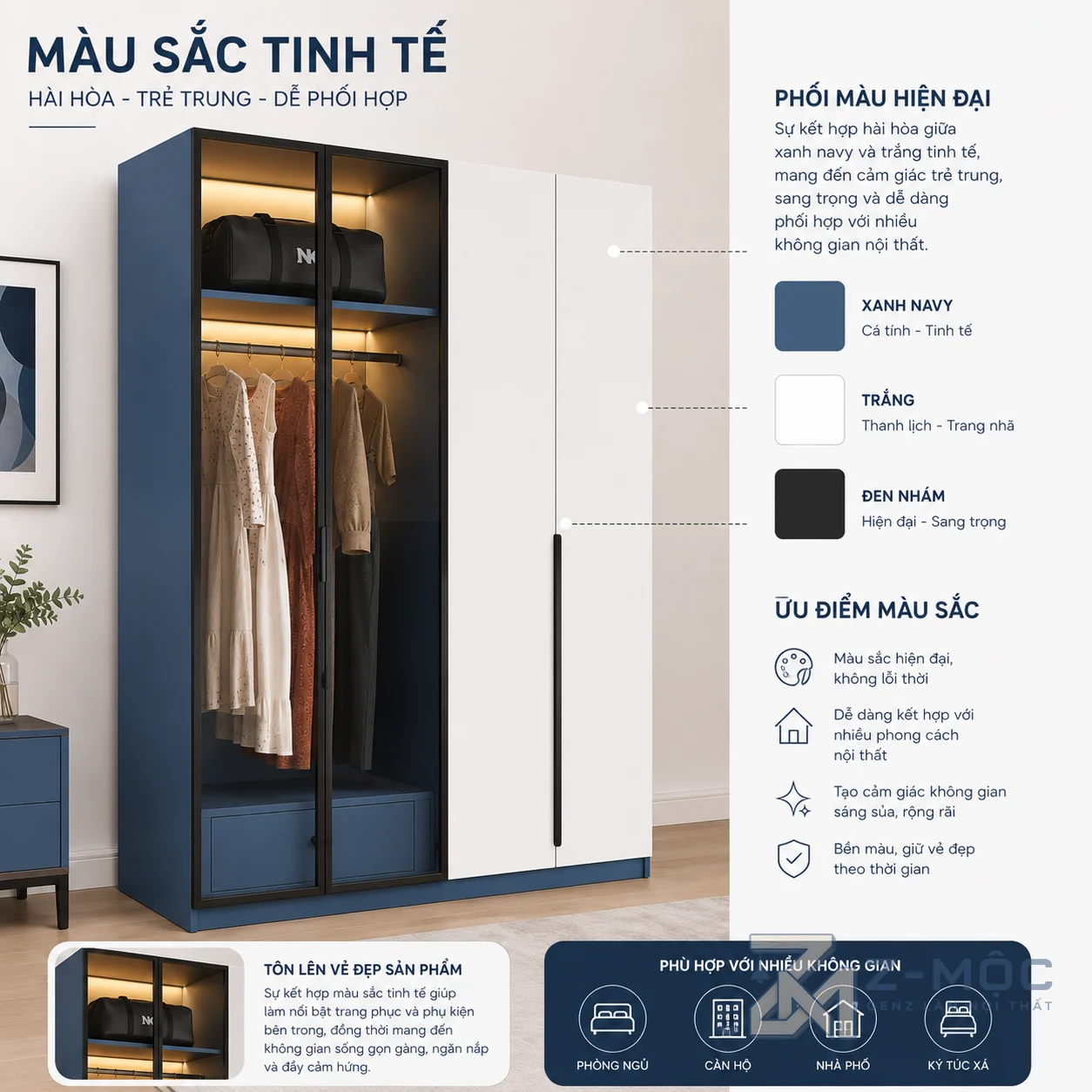 Tủ Quần Áo Cánh Kính Khung Nhôm Phối Cánh Trắng ZM-10012 - ảnh chi tiết 4