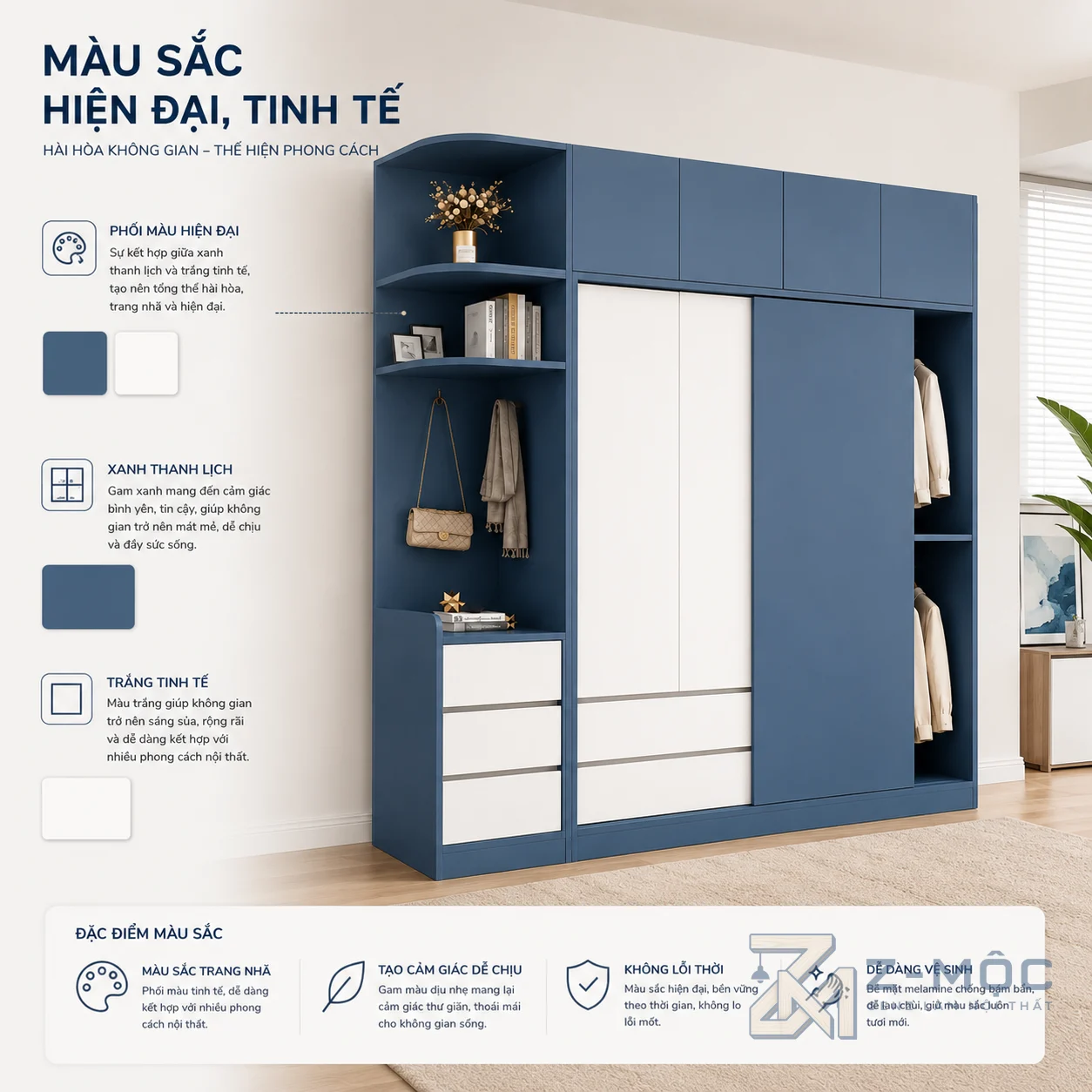 Tủ Quần Áo Cánh Lùa Kết Hợp Cánh Mở Có Kệ Trang Trí ZM-10006 - ảnh chi tiết 5