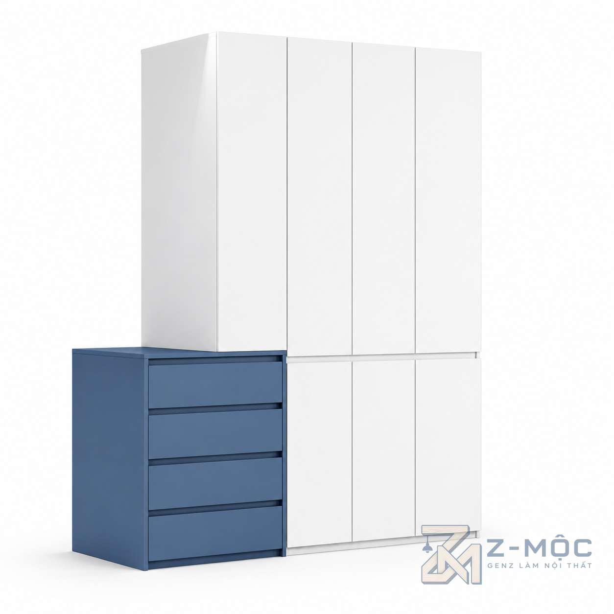 Tủ Quần Áo Cánh Phẳng Màu Trắng Kết Hợp Hộc Ngăn Kéo ZM-10005 - 2400x600x2400mm - ZM-10005.1