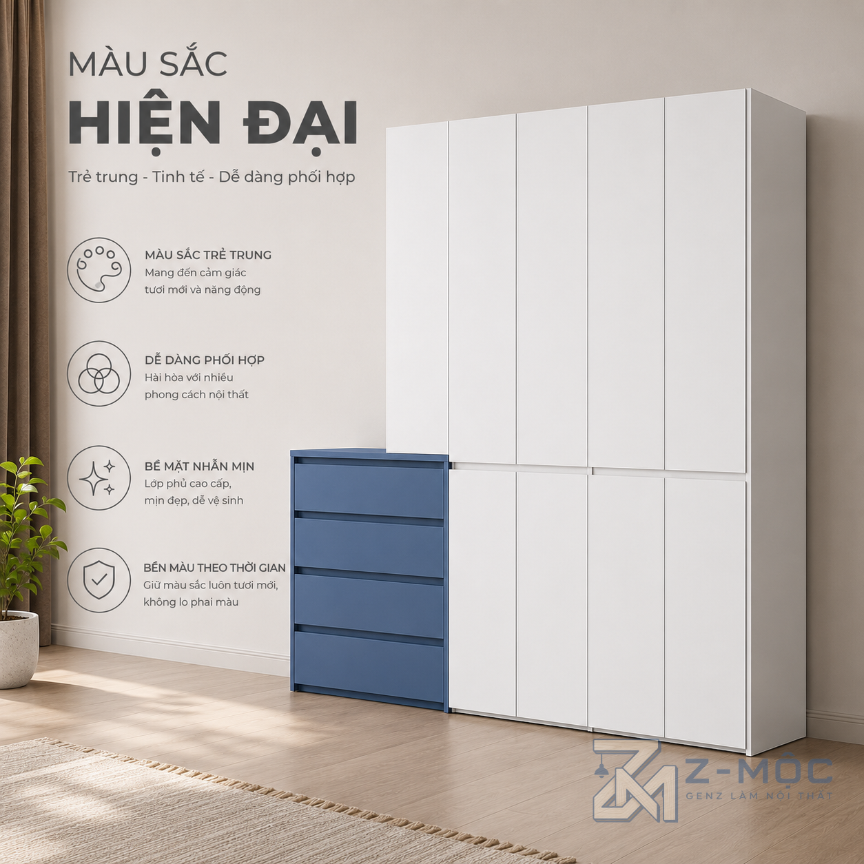 Tủ Quần Áo Cánh Phẳng Màu Trắng Kết Hợp Hộc Ngăn Kéo ZM-10005 - ảnh chi tiết 7