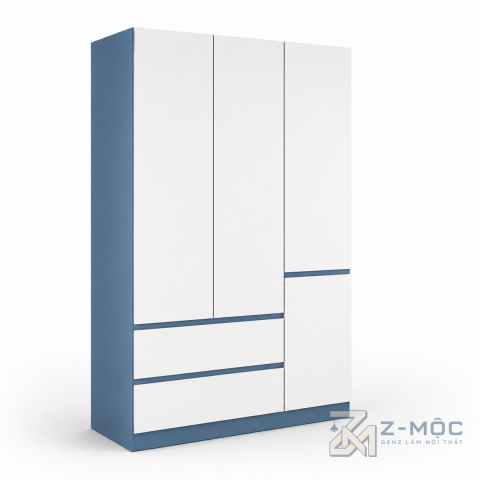 Tủ Quần Áo Cánh Phẳng Phối Trắng Xanh Nhiều Ngăn Tiện Dụng ZM-10001 - 1200x600x2000mm - ZM-10001.1