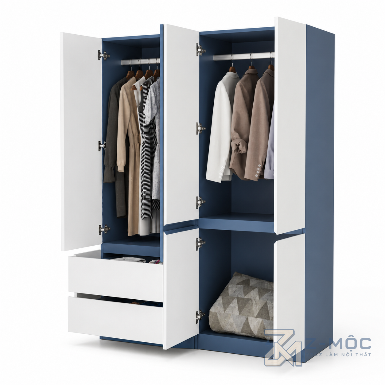 Tủ Quần Áo Cánh Phẳng Phối Trắng Xanh Nhiều Ngăn Tiện Dụng ZM-10001 - ảnh chi tiết 4