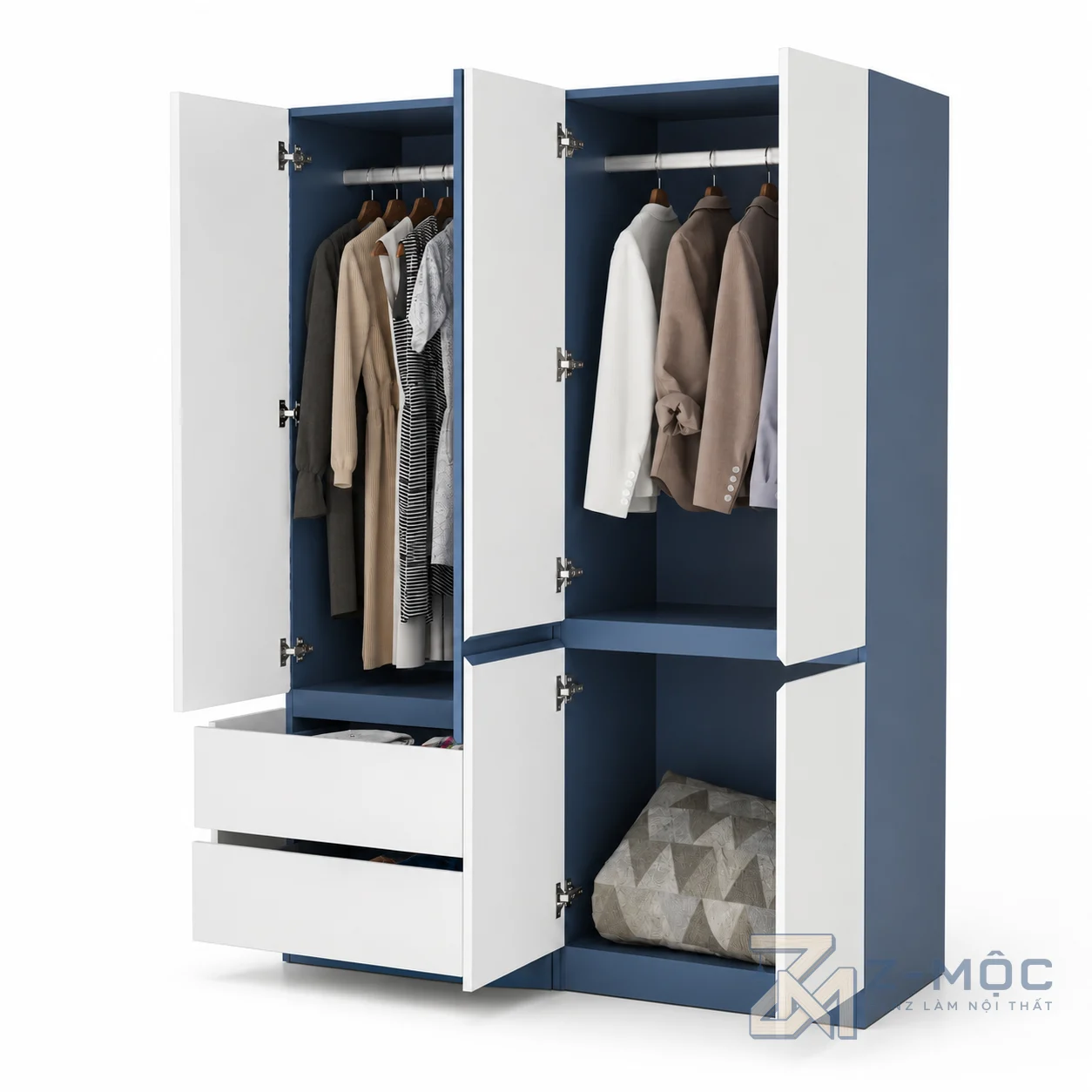 Tủ Quần Áo Cánh Phẳng Phối Trắng Xanh Nhiều Ngăn Tiện Dụng ZM-10001 - ảnh chi tiết 4