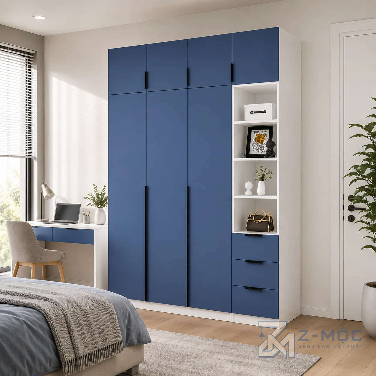 Tủ Quần Áo Cánh Tủ Màu Xanh Có Kệ Trang Trí Tiện Ích ZM-10015 - ảnh chi tiết 6