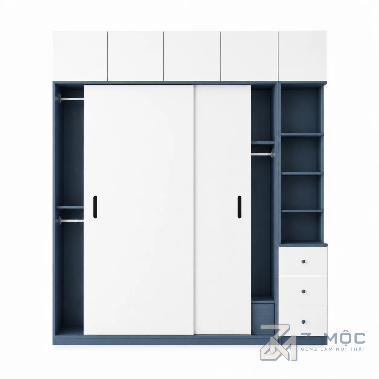 Tủ Quần Áo Cửa Lùa Kết Hợp Kệ Trang Trí Màu Trắng Xanh ZM-10014 - 2000x600x2500mm - ZM-10014.1