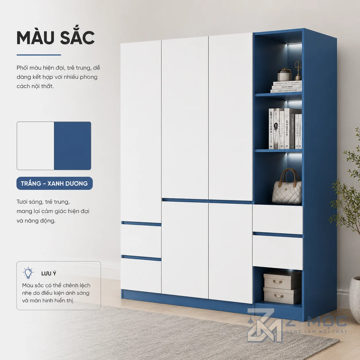 Tủ Quần Áo Màu Trắng Xanh Có Kệ Trang Trí ZM-10004 - ảnh chi tiết 6