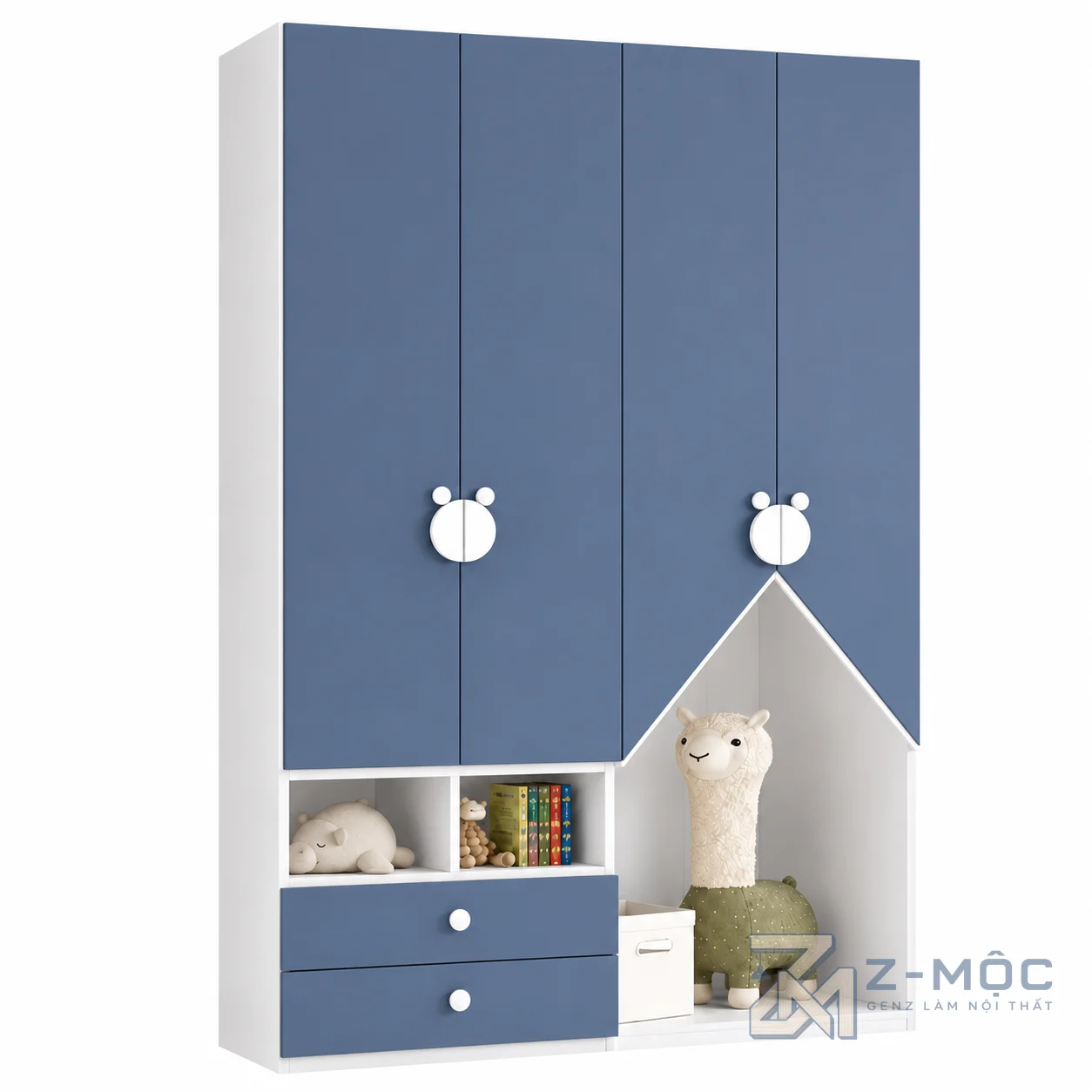 Tủ Quần Áo Trẻ Em Màu Xanh Tay Nắm Hình Gấu ZM-10021 - 1600x600x2400mm - ZM-10021.1