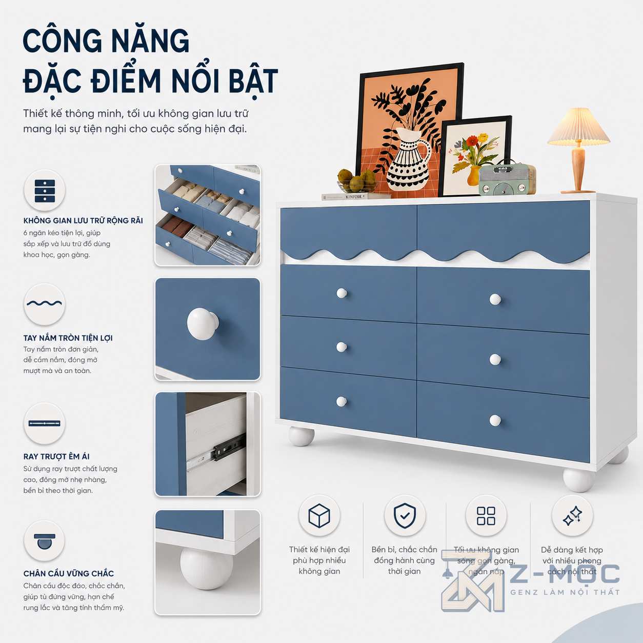 8 ngăn kéo tiện lợi cho nhu cầu lưu trữ