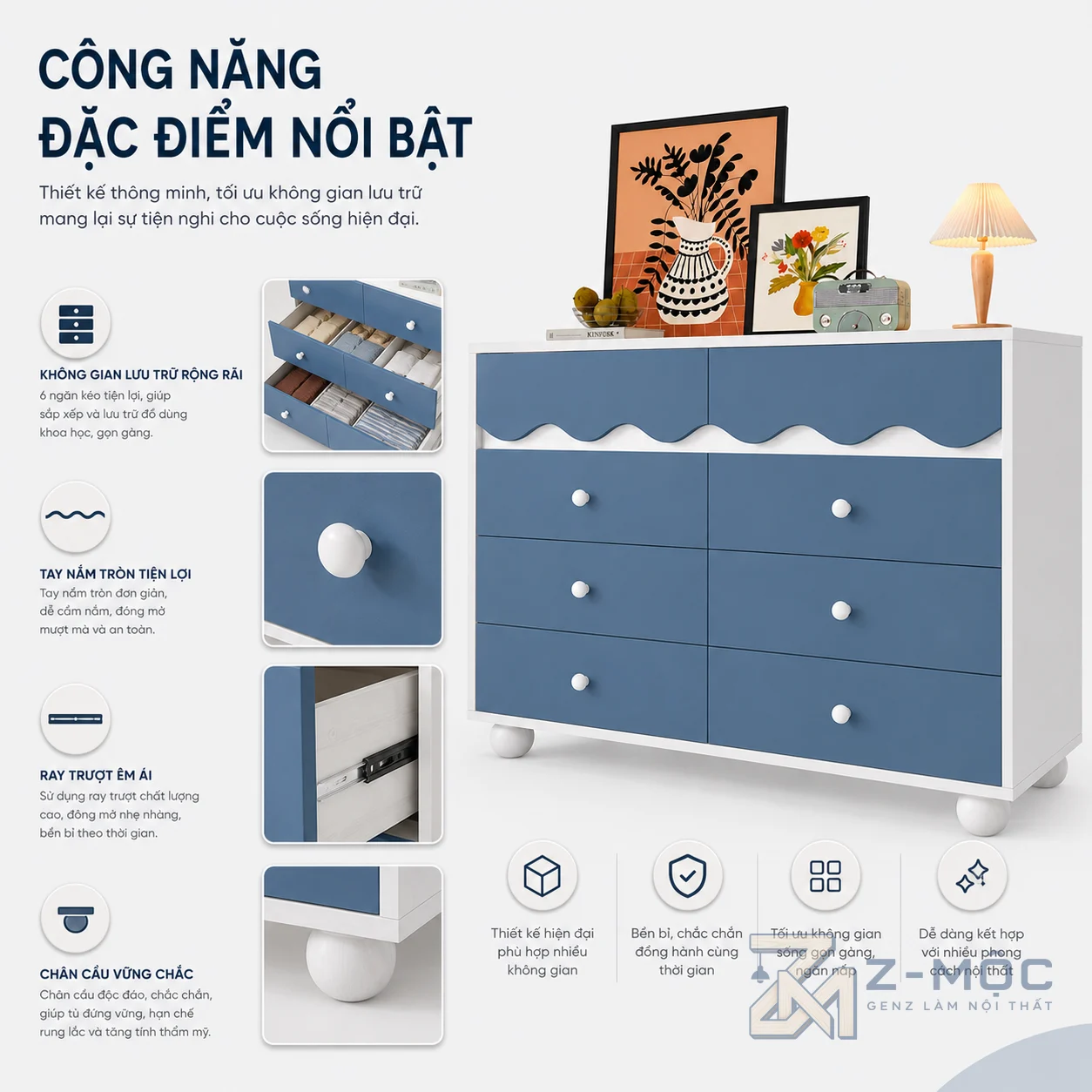8 ngăn kéo tiện lợi cho nhu cầu lưu trữ