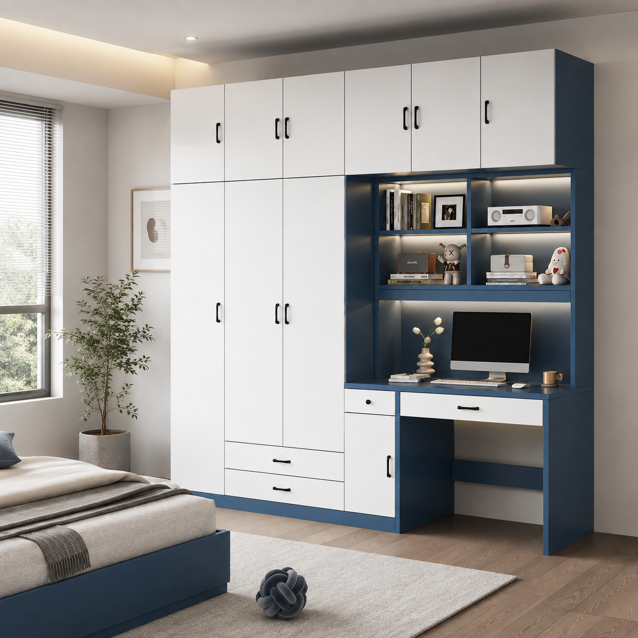 Tủ Quần Áo Liền Bàn Học Màu Xanh Trắng Hiện Đại ZM-10029 - Ảnh 7