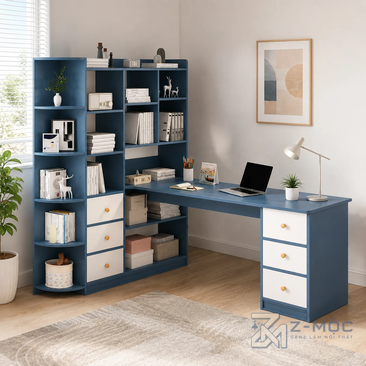 Bàn Học Liền Kệ Sách Chữ L Màu Xanh Có Ngăn Kéo ZM-70035 - ảnh chi tiết 5
