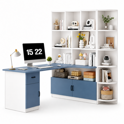 Bàn Học Và Làm Việc Liền Kệ Sách Chữ L Trắng Phối Xanh ZM-70041 - 1400x550x750mm + Kệ 1300x300x1650mm - ZM-70041.1