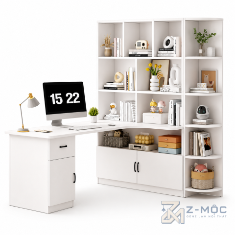 Bàn Học Và Làm Việc Liền Kệ Sách Chữ L Trắng Phối Xanh ZM-70041 - ảnh chi tiết 1