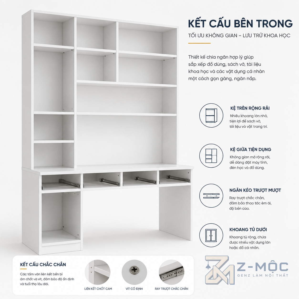 Bàn Học Và Làm Việc Màu Trắng Liền Kệ Kính Độc Đáo ZM-70051 - ảnh chi tiết 5