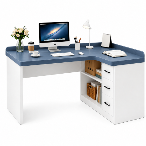 Bàn Làm Việc Chữ L Màu Xanh Trắng Nhỏ Gọn ZM-70054 - 1400x550x800mm + kệ 1000x400x750mm - ZM-70054.1